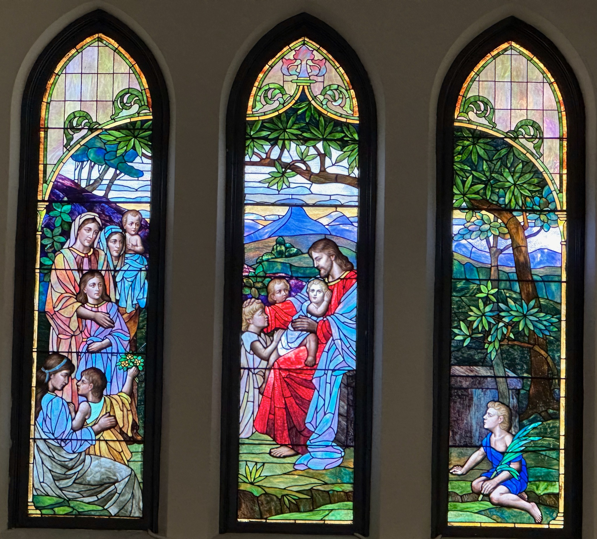 Stained glass window inside the sanctuary.